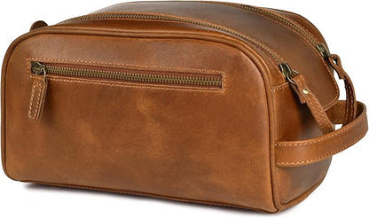 LEATHER VILLAGE Premium Leather Toiletry Travel Pouch With Waterproof Lining - Sun Tan | King-Size Handcrafted Vintage Dopp Kit Bag, Shaving & Bathroom Organizer, Gift for Men & Women