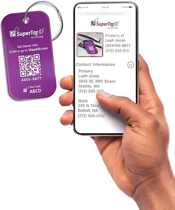 Dynotag® Sentry Series Solid Metal Web Enabled Smart Luggage Tag ID + Steel Loop, Anodized Aluminum with DynoIQ™ & Lifetime Recovery Service (Imperial Purple)