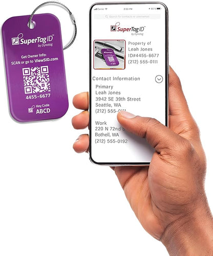 Dynotag® Sentry Series Solid Metal Web Enabled Smart Luggage Tag ID + Steel Loop, Anodized Aluminum with DynoIQ™ & Lifetime Recovery Service (Imperial Purple)