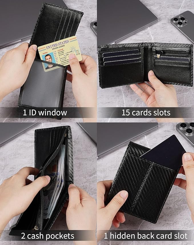 Swallowmall Leather Wallet for Mens Genuine Leather RFID Blocking Bifold Wallets with 1 ID Window 15 Card Slots