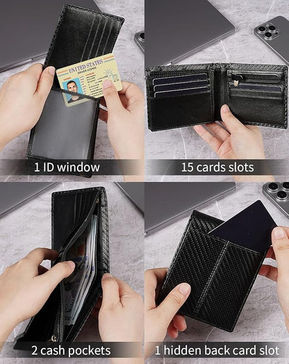 Swallowmall Leather Wallet for Mens Genuine Leather RFID Blocking Bifold Wallets with 1 ID Window 15 Card Slots