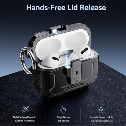 DASFOND Armor Earphone Cover Case for Airpods Pro 2, Military Grade Full Body Shockproof Protection Hard Case, Support Wireless Charging with Keychain, Magnetic Lid, Front LED Visible, Black