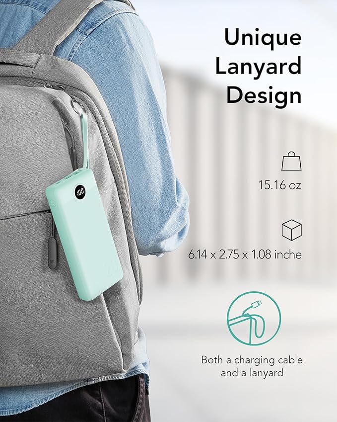 VRURC Portable Charger 20000mAh, Built-in Cables Fast Charging Power Bank, PD QC 3.0 Travel Essentials Battery Pack, 4 Output & 2 Input Phone Charger for iPhone16 15 14 13 X, Samsung, Android-Green