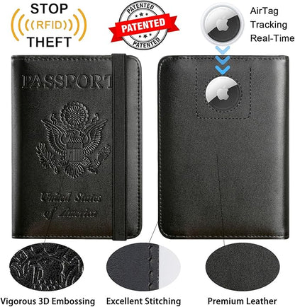 Airtag Passport Holder Cover Wallet Travel Essentials RFID Blocking Leather Card Case International Must Haves Travel Accessories for Women Men(119#Black)