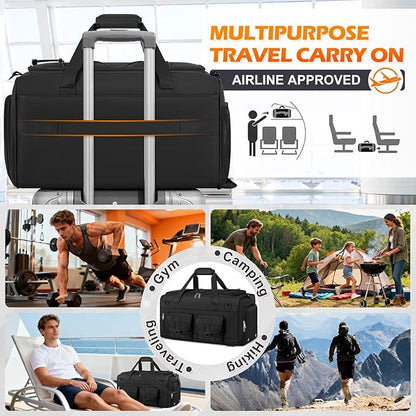RAINSMORE Gym Bag for Men, 45L Sports Duffel Bag with Shoe Compartment Gym Backpack Carry On Weekender Bag Overnight Backpack Carry On,Black