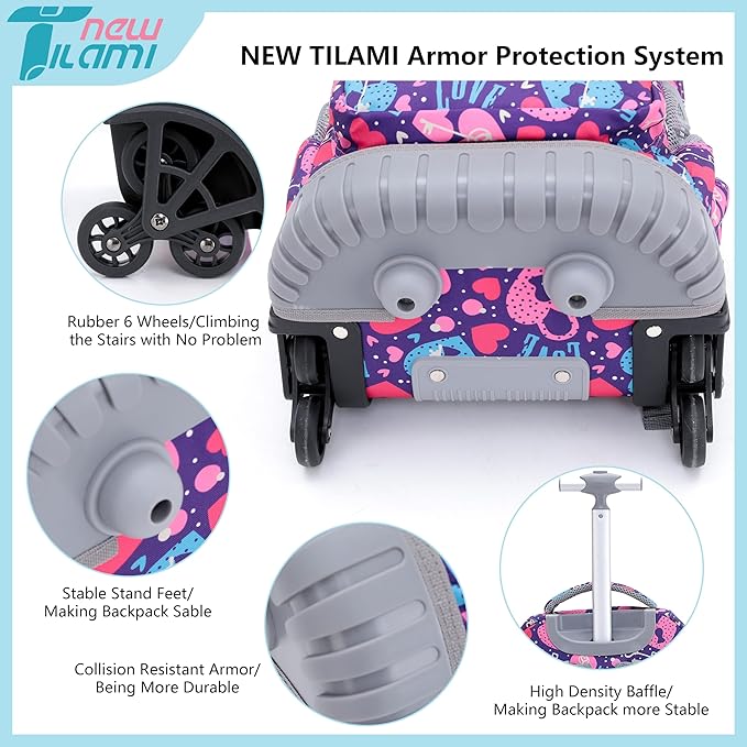 NEW TILAMI 18 Inch Rolling Backpack with Wheels for Girls Boys Kids Laptop Backpack School Travel, Pink Love key
