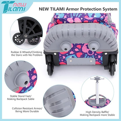 NEW TILAMI 18 Inch Rolling Backpack with Wheels for Girls Boys Kids Laptop Backpack School Travel, Pink Love key