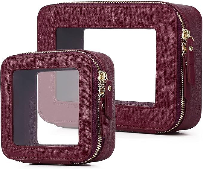 Pinkmik Clear Makeup Bag Waterproof Travel Case for Cosmetics and Toiletries Women's Purse Organizer and Clear Car Bag with Zipper (X/Burgundy, M+MINI)