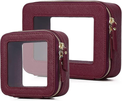 Pinkmik Clear Makeup Bag Waterproof Travel Case for Cosmetics and Toiletries Women's Purse Organizer and Clear Car Bag with Zipper (X/Burgundy, M+MINI)