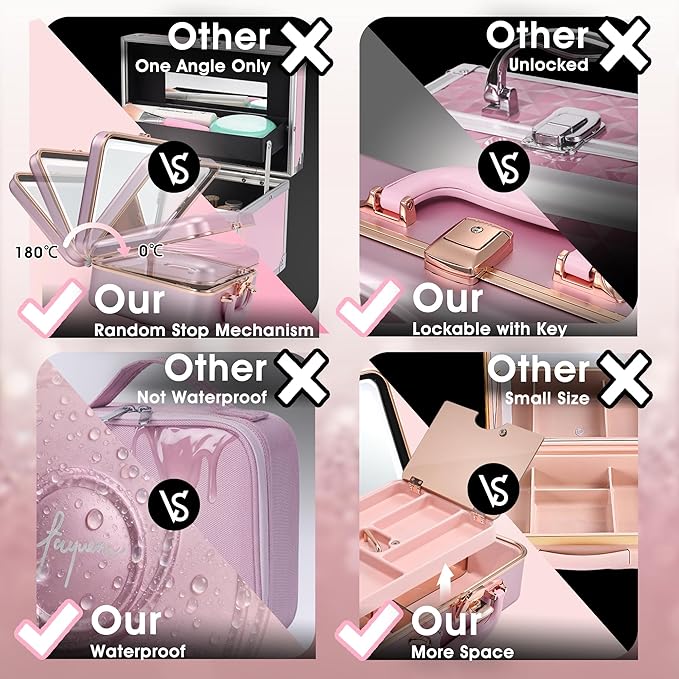 Travel Makeup Case with LED Lighted Mirror 12 Inch Portable Makeup Box Organizer Adjustable Brightness in 3 Colors Cosmetic Storage Case with Dividers Hard Aluminum Shell Vanity Box Pink