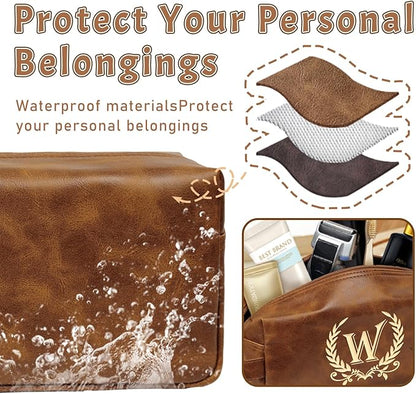 Personalized Travel Toiletry Bag Engraved Letter Leather Kit, Shaving Bag for Toiletries Accessories, Gifts for Men - DarkBrown(W)