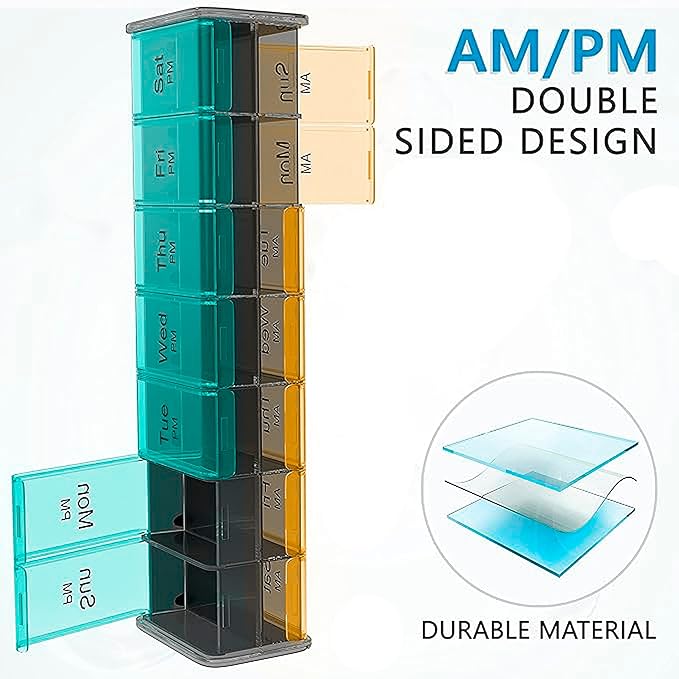 Extra Large Pill Organizer - XXL Vitamin Holder for Weekly Supplements - Double Sided Pill Box 7 Day with Big AM PM Compartments Huge Daily Medicine Dispenser 2 Times a Day Reliable and Easy-to-Use