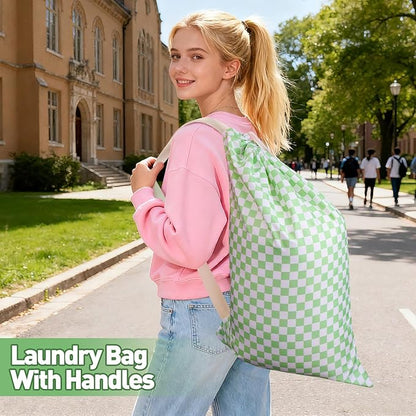 Laundry Bag, Dirty Backpack Laundry Bag For College Travel Laundromat Apartment, With Handles 29" X 18" (Green White Checkered)
