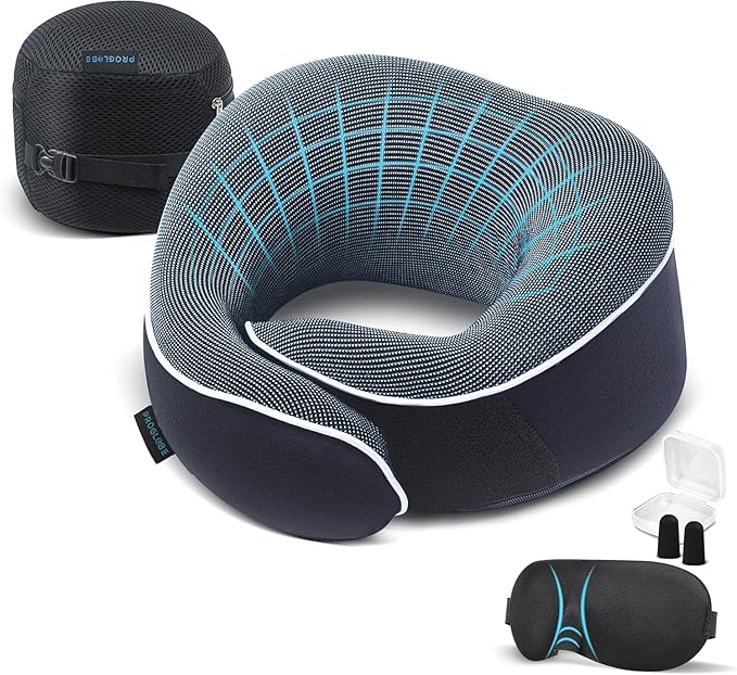 Proglobe Orthopedic Neck Pillow Travel Neck Pillows for Airplanes, Memory Foam Kit, Updated Resting Material, Airplane Travel Set with 3D Contoured Eye Masks, Earplugs, and Luxury Mesh Bag (Blue)
