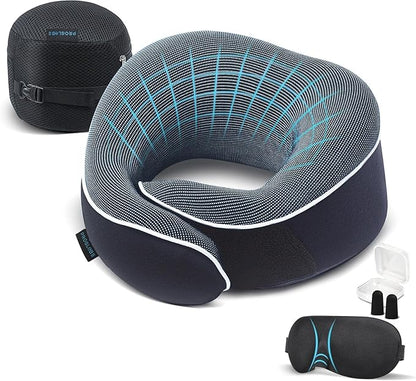 Proglobe Orthopedic Neck Pillow Travel Neck Pillows for Airplanes, Memory Foam Kit, Updated Resting Material, Airplane Travel Set with 3D Contoured Eye Masks, Earplugs, and Luxury Mesh Bag (Blue)