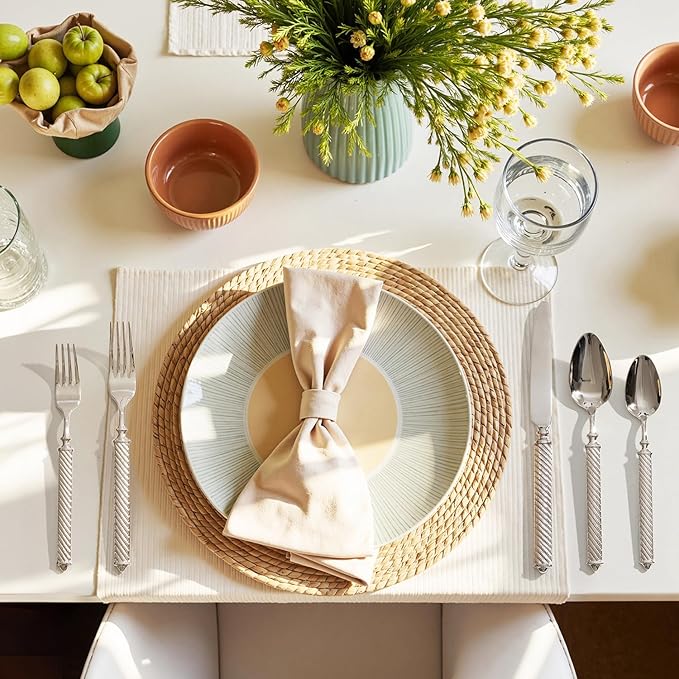 KINGSTONE Retro Rope-Pattern Silverware Set, 20-Piece Flatware Set Cutlery Set Forged with Handcrafted Texture Handles 18/10 Stainless Steel, Dishwasher Safe