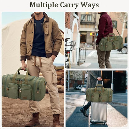 Gonex Canvas Duffle Bag for Travel, Expandable Water Resistant 50L Carry on Duffel Overnight Weekender Gym Bag with Wet Dry Separation Pocket & Suitcase Handle Sleeve, Army Green