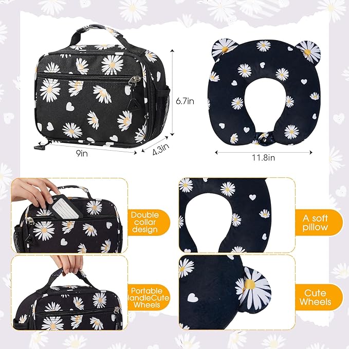Redbaker 6 Pcs Kids Luggage Set 17 Inch Kids Rolling Luggage Double Pattern Suitcase for Girls Boys School Gift(Black,Daisy Style)