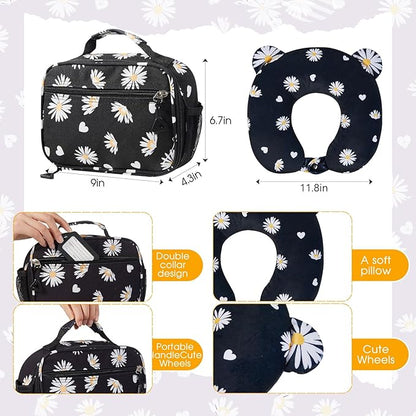 Redbaker 6 Pcs Kids Luggage Set 17 Inch Kids Rolling Luggage Double Pattern Suitcase for Girls Boys School Gift(Black,Daisy Style)