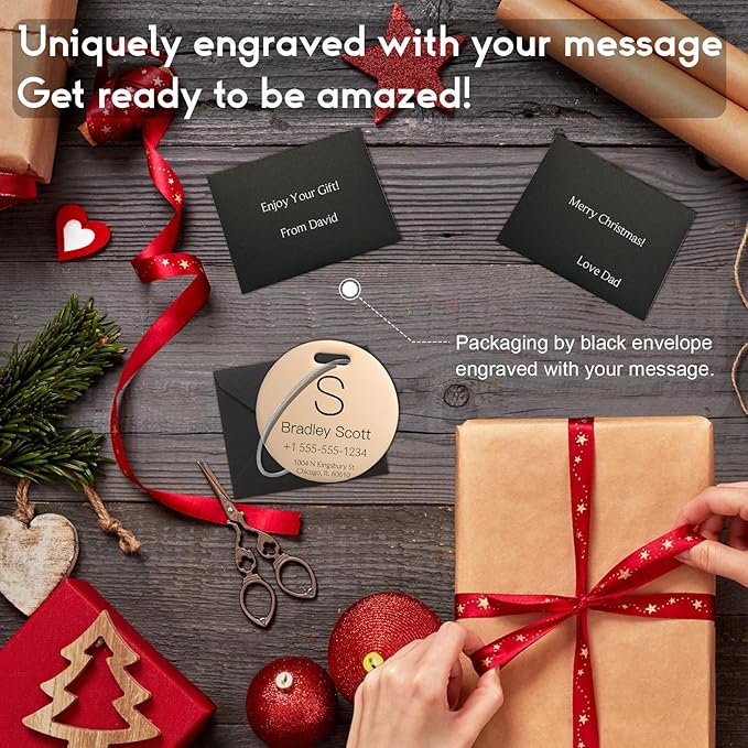 Stainless Luggage Tags for Suitcases 4 Pack: Metal Personalized Luggage Tags for Backpacks & Bags with Customizable Texts (Rose Gold)