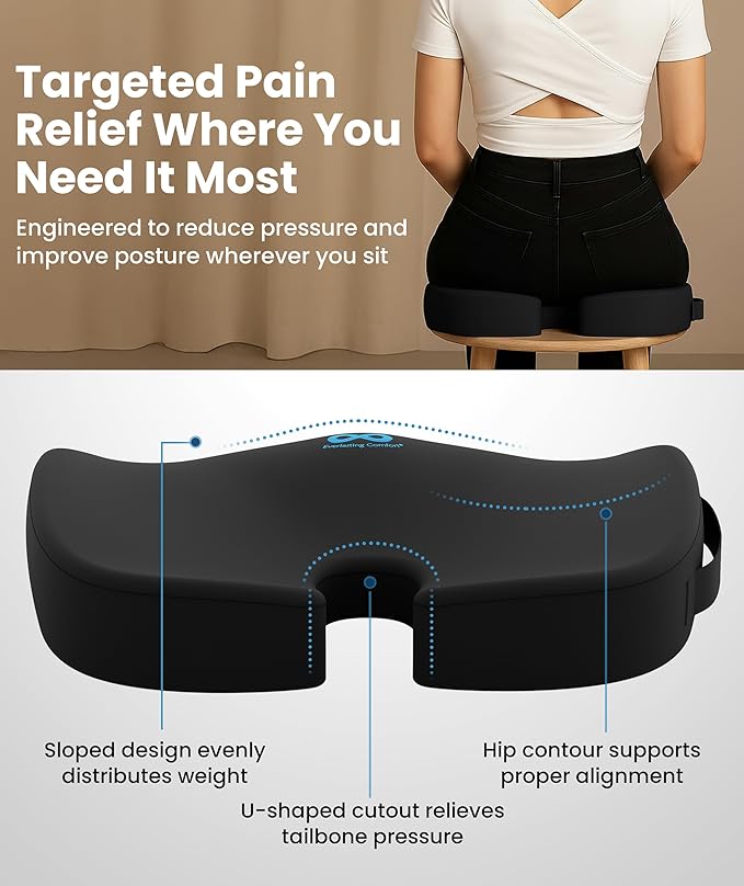 Everlasting Comfort Doctor Recommended Memory Foam Seat Cushion for Office Chairs & Car Seat - Ergonomic Office Desk Accessories for Tailbone Pain Relief, Sciatica & Back Support