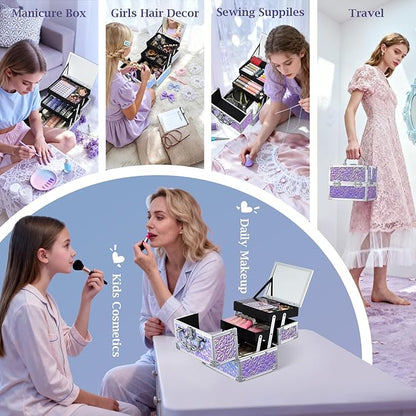 Costravio Makeup Box Organizer with Mirror, Makeup Case Train Case for Girls Women Kids Make up Box Makeup Case Organizer with Lock and Key Storage Vanity for Polishes Cosmetic Jewelry, Shiny Purple