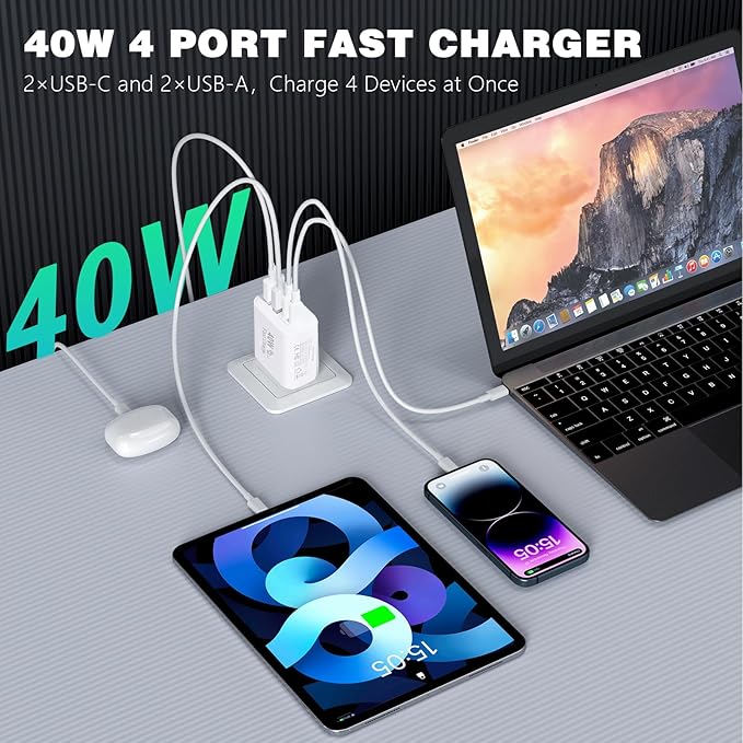 iPhone 17 16 Charger,40W Multiport USB C Charger Fast Charging Block,2Pack 4-Port Type C Phone Chargers 10FT Long Type C Charging Cable for iPhone 17 Pro/17 ProMax/17 Air/16 ProMax/16e/15 Pro/15 Plus