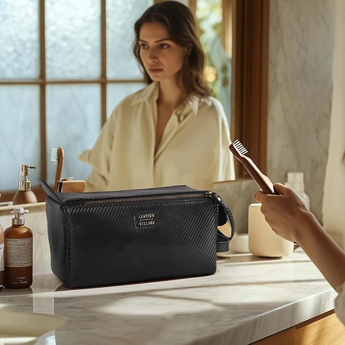 LEATHER VILLAGE Premium Carbon Fiber Genuine Leather Travel Toiletry Bag - Large Dopp Kit, Water-Resistance Bathroom & Shaving Organizer for Men & Women - Black