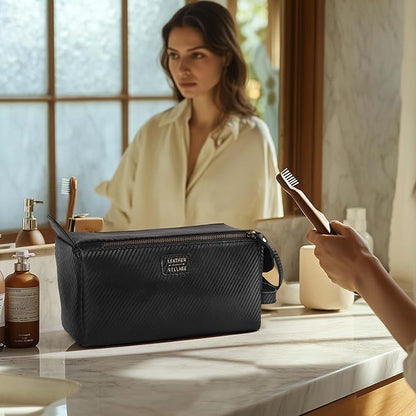 LEATHER VILLAGE Premium Carbon Fiber Genuine Leather Travel Toiletry Bag - Large Dopp Kit, Water-Resistance Bathroom & Shaving Organizer for Men & Women - Black
