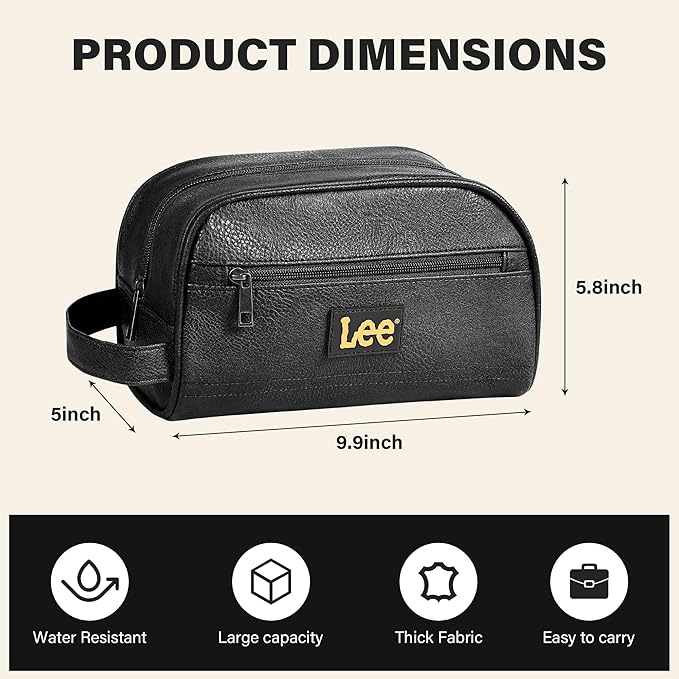 Lee Toiletry Bag for Men, PU Leather Travel Dopp Kit, Water-Resistant Men's Shaving Kit Bathroom Organizer, Gifts for Men