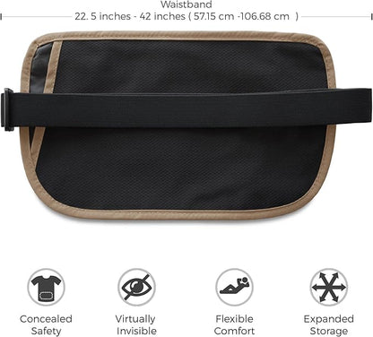 Money Belt for Secure Travel - RFID Blocking Slim Passport Holder - Hidden Waist Pouch for Cash, Credit Cards, Documents - Concealable Under Clothes, Water-Resistant Slim Fanny Pack for Men and Women