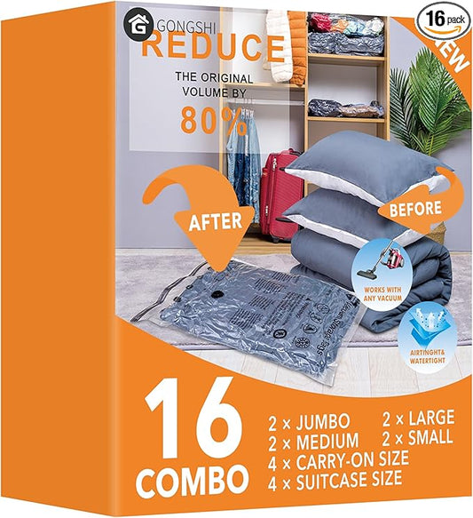 16 Pack Travel Vacuum Bags For Luggage,Carry-on Size Vacuum Seal Bags for Luggage and Suitcase Compression, Space Saver for Clothes and Clothing Organization