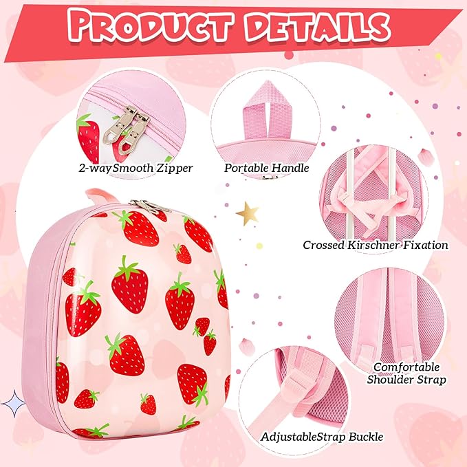 Sanwuta 4 Pcs Kids Luggage Set Backpack Travel Rolling Suitcase U-shape Pillow Christmas Children Gift for Girls Boys(17 Inch,Strawberry Style,Light Pink)