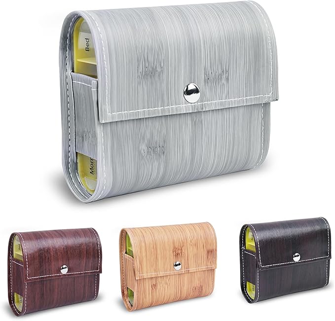 Pill Organizer,LIZIMANDU Weekly Travel Pill Case Box Medication Reminder Daily AM PM, Day Night 7 Compartments,for 4 Times A Day, 7 Days a Week-Includes Leather PU Carrying Case(1-Wood-Light Grey)
