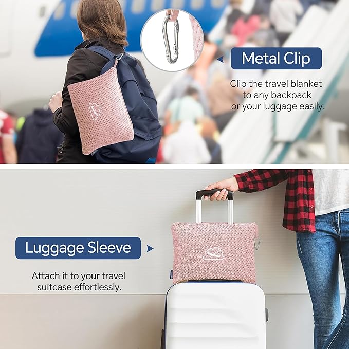 BEDELITE Travel Blanket with Bag, Ultra-Soft Jacquard Fleece Blanket with Luggage Sleeve & Backpack Clip, Airplane Blanket Travel Essentials, Pink