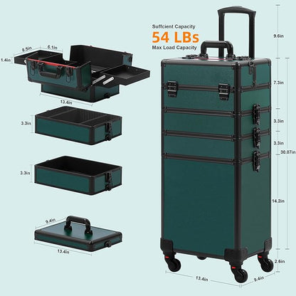 Makeup Train Case, Rolling Makeup Case with Lid, 5 in 1 Cosmetology Case on Wheels, Christmas Gift, Large Makeup Case Organizers, Profesional Cosmetic Case for Salon Barber, Black Green