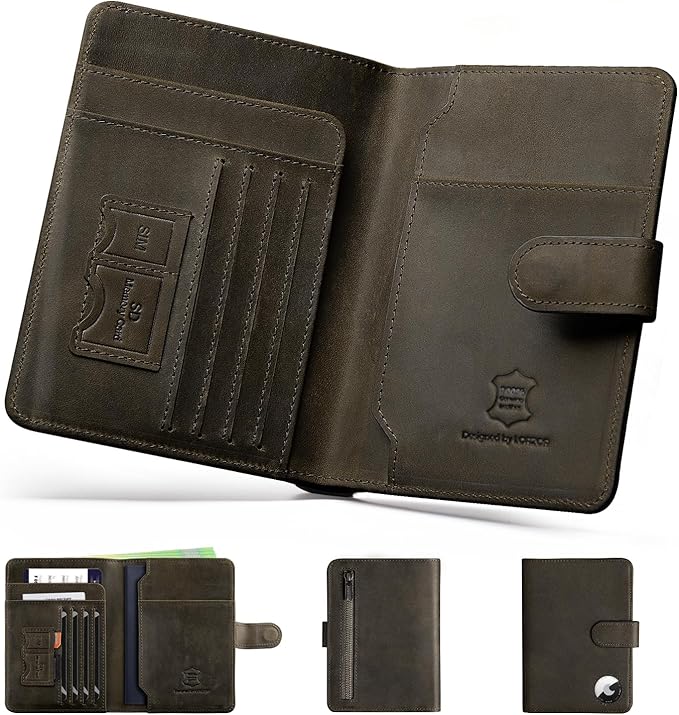 LORZOR Passport Holder for Travel: Full Grain Leather Passport Cover with Airtag Holder Magnetic Buckle for Men - RFID Blocking Bifold Wallet for Air Ticket Card Cash Coin (Black-yellow)