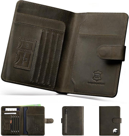 LORZOR Passport Holder for Travel: Full Grain Leather Passport Cover with Airtag Holder Magnetic Buckle for Men - RFID Blocking Bifold Wallet for Air Ticket Card Cash Coin (Black-yellow)