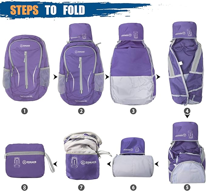 ZOMAKE Ultra Lightweight Packable Backpack 25L, Foldable Hiking Backpacks Water Resistant Small Folding Daypack for Travel(Purple)