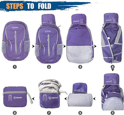 ZOMAKE Ultra Lightweight Packable Backpack 25L, Foldable Hiking Backpacks Water Resistant Small Folding Daypack for Travel(Purple)