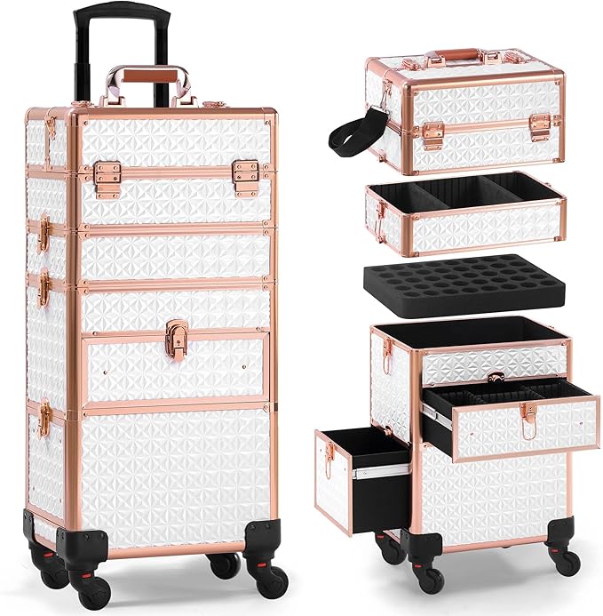 Makeup Train Case with Drawer, Rolling Makeup Case, Cosmetology Case on Wheels, Gift, Large Makeup Case Organizers, Professional for Salon Barber, Nail, Tattoo, White Gold