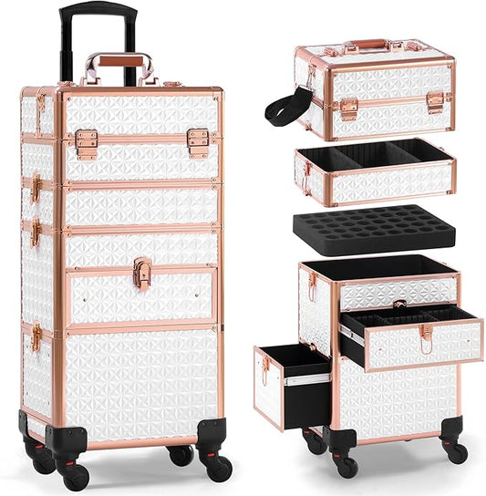 Makeup Train Case with Drawer, Rolling Makeup Case, Cosmetology Case on Wheels, Gift, Large Makeup Case Organizers, Professional for Salon Barber, Nail, Tattoo, White Gold
