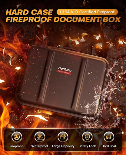Fireproof Document Box, Hard Case Fireproof Document Organizer with Lock, Water Resistant Safe Box for Important Documents Certificates Laptop Passports, Black