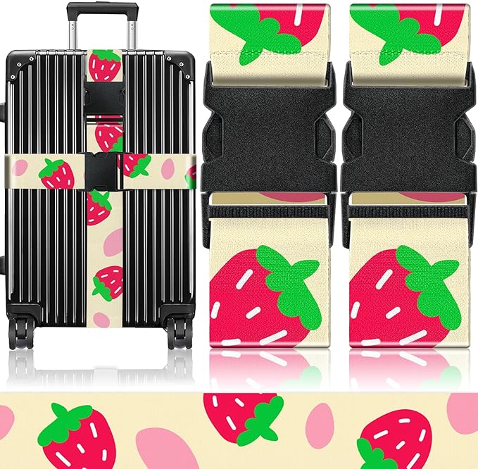 Slohif Luggage Straps for Suitcases Travel Belt Accessories Luggage Connector Identifiers Over Handle with Buckle Unique Nylon Adjustable Strap for Sleeping Bag Car Seat Strawberry(2 Pack)