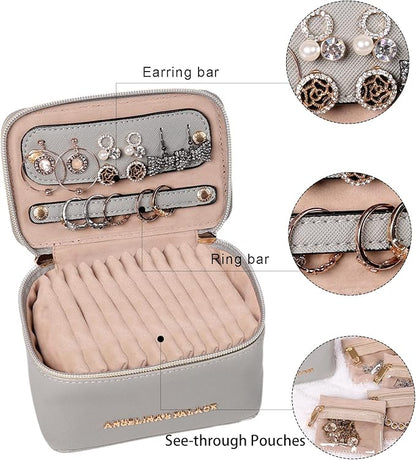 Angelina's Palace Jewelry Organizer Case Bridesmaid Gifts Travel Bag Vegan Leather Box for Necklace Earring Bracelet Ring(pearl grey)
