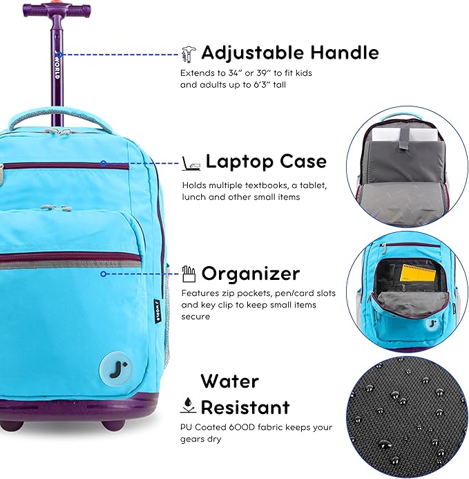 J World Sundance Laptop Rolling Backpack for Girls Boys. Roller Bookbag with Wheels, Sky Blue
