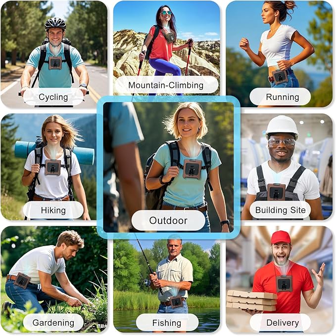 Portable Fan Wearable Personal Fan with 5 Speed Max 55 Working Hours Low Noise Portable Neck Fans Cooling Waist Fans for Camping Traveling LED Power Display 10000mAh Rechargeable (Brown)