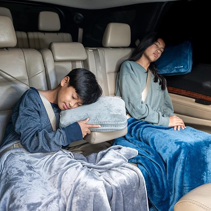 Travel Pillow and Blanket Set - 4-in-1 Ultimate Travel Kit with Memory Foam Pillow, Travel Blanket, Sleep Mask, and Earplugs-Ultimate Comfort and Coziness for Your Journeys - Grey