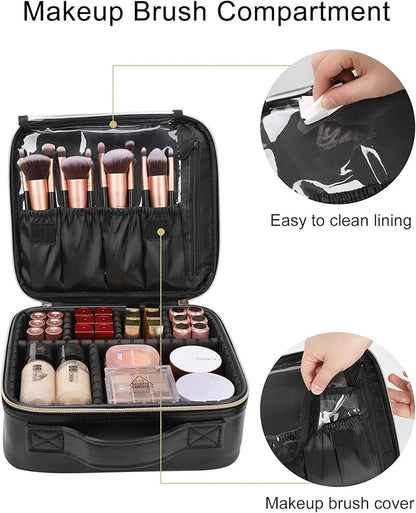Relavel Makeup Bag, Travel Cosmetic Train Case Organizer Portable Artist Storage Bag with Adjustable Dividers for Cosmetics Makeup Brushes Toiletry Jewelry Digital Accessories Quilted Leather Black