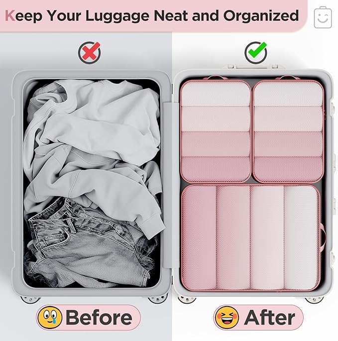 Veken 6/9/11 Set Compression Packing Cubes for Travel Essentials,Compressible Expandable Large Luggage Suitcase Organizer Bags for Clothing,Durable Space Saver Storage Bags(Pink)